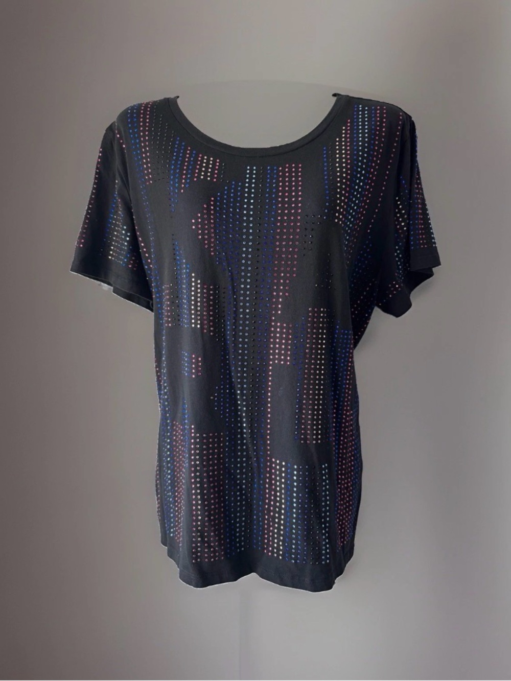 Karl Lagerfeld Black Short-Sleeve Studded Tee with Multicolor Accent